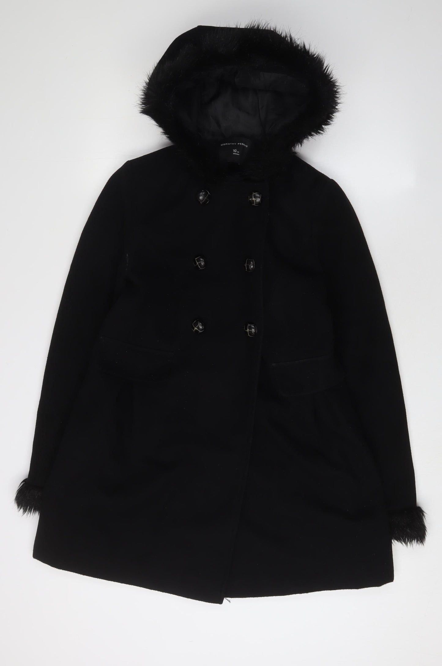 Dorothy Perkins Women's Black Fur Hooded Pea Coat Size 10