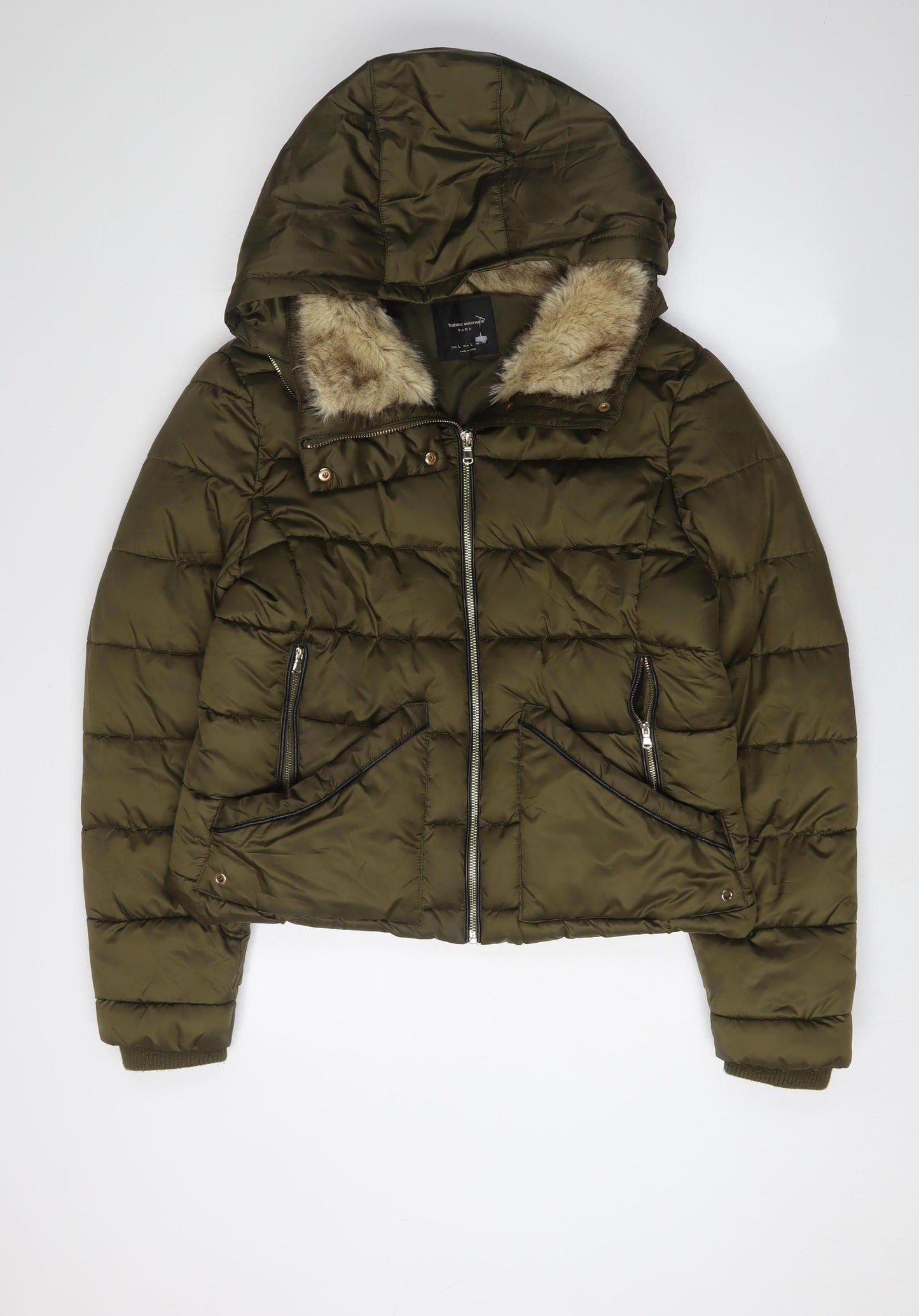 Zara Women's Green Puffer Jacket L, Hooded, Casual