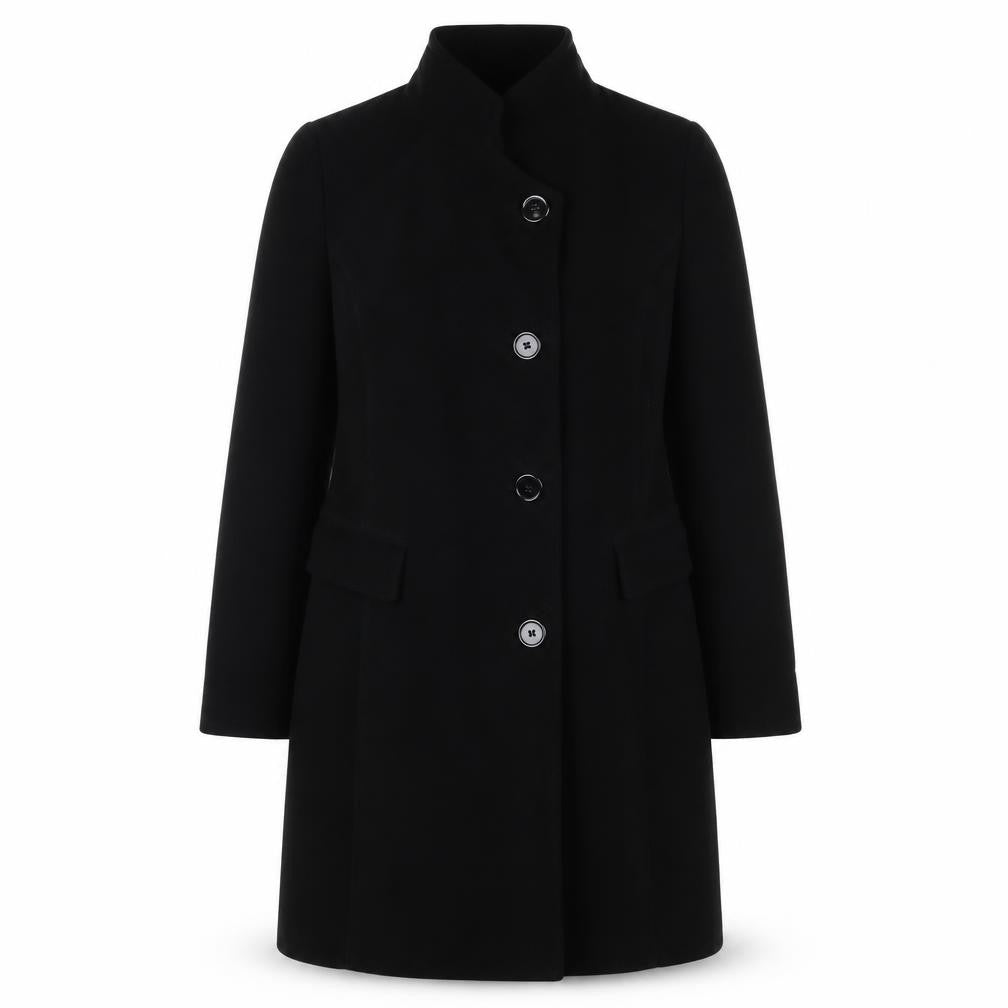 Front view of Peggy Page Women's Black Overcoat Cotton, size 12