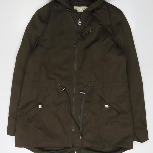 H&M Women's Green Parka Jacket with Hood and Zip, Size 8