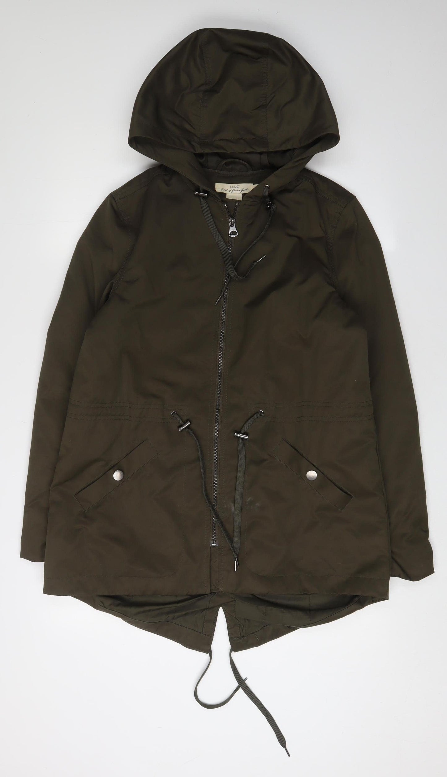 H&M Women's Green Parka Jacket with Hood and Zip, Size 8