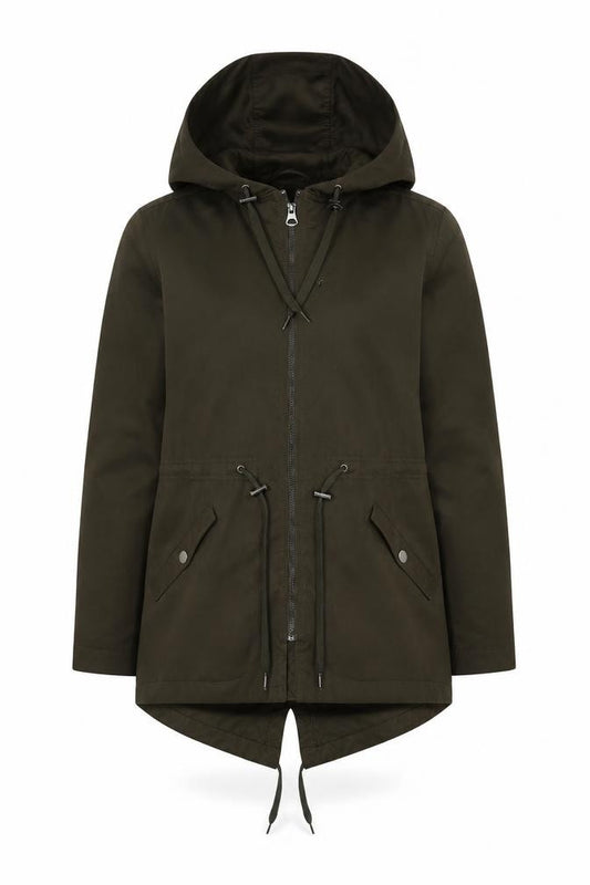 Front view of H&M Women's Green Parka Jacket with Hood and Zip, size 8