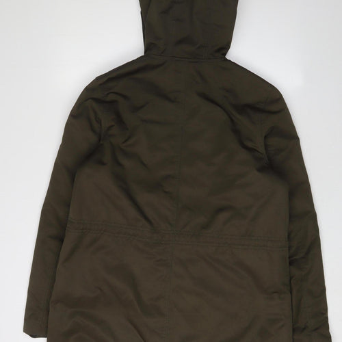 H&M Women's Green Parka Jacket with Hood and Zip, Size 8