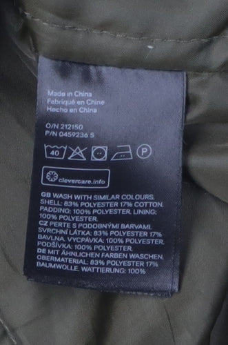 H&M Women's Green Parka Jacket with Hood and Zip, Size 8