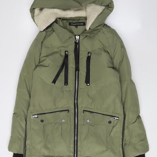 Warehouse Women's Green Puffer Jacket UK 8 Hooded Casual