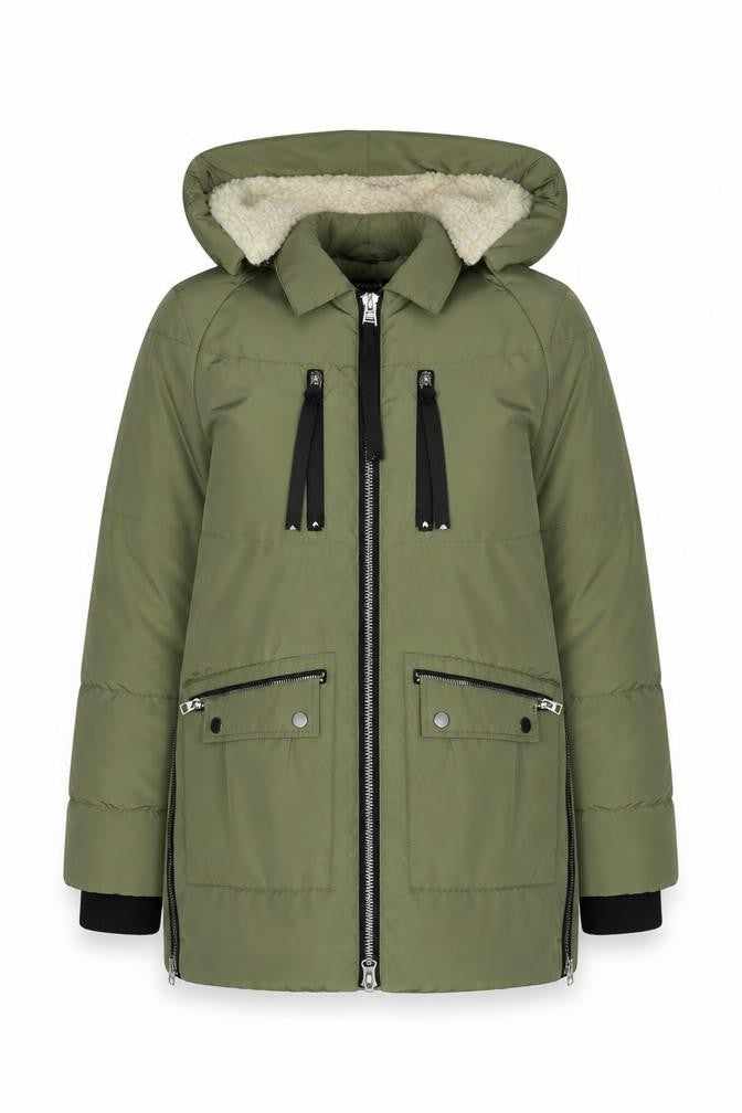 Front view of Warehouse Women's Green Puffer Jacket UK 8 Hooded Casual