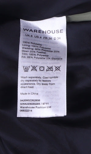 Warehouse Women's Green Puffer Jacket UK 8 Hooded Casual