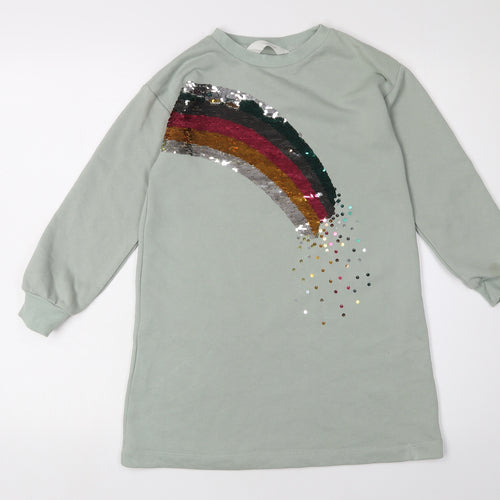 H&M Girls Green Rainbow Sequin T-Shirt Dress, 8-9 Years