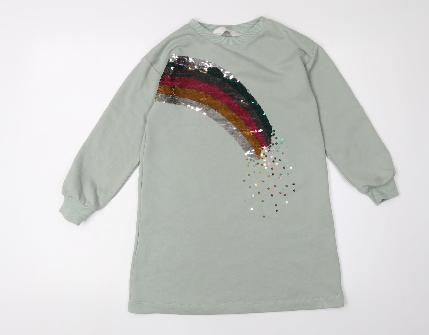 H&M Girls Green Rainbow Sequin T-Shirt Dress, 8-9 Years