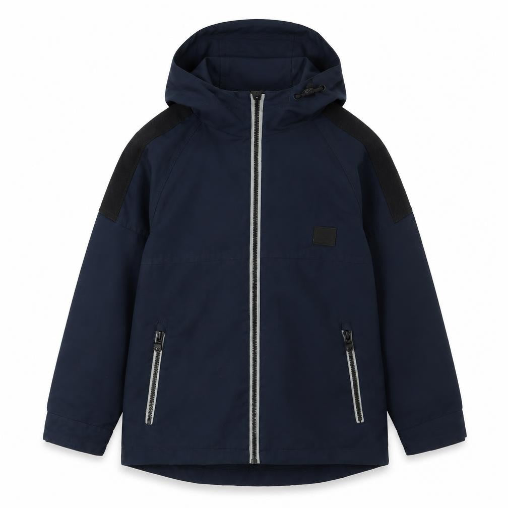 Front view of Next boys’ blue hooded jacket 7 years with zip pockets