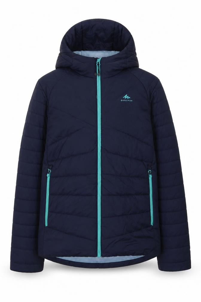 Front view of Decathlon boys’ blue puffer jacket, size 14, hooded winter outerwear