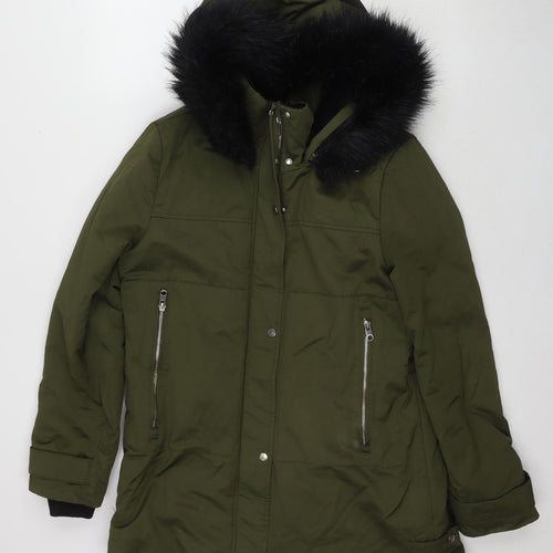 Zara Women's Green Parka Jacket, Size 12, Fur Trim