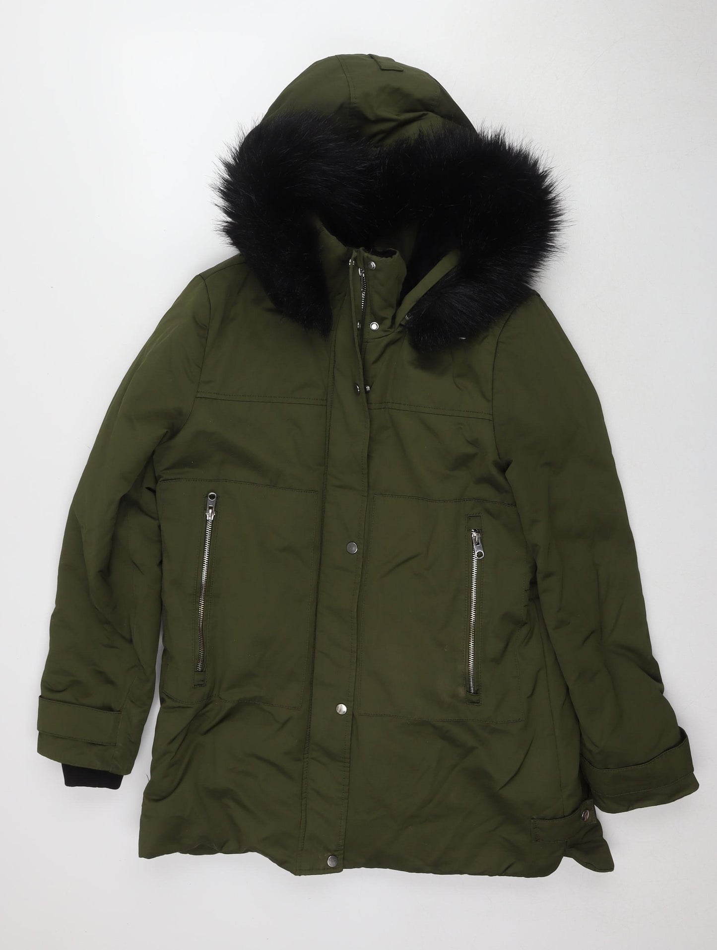 Zara Women's Green Parka Jacket, Size 12, Fur Trim