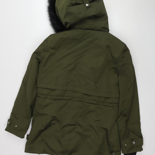 Zara Women's Green Parka Jacket, Size 12, Fur Trim