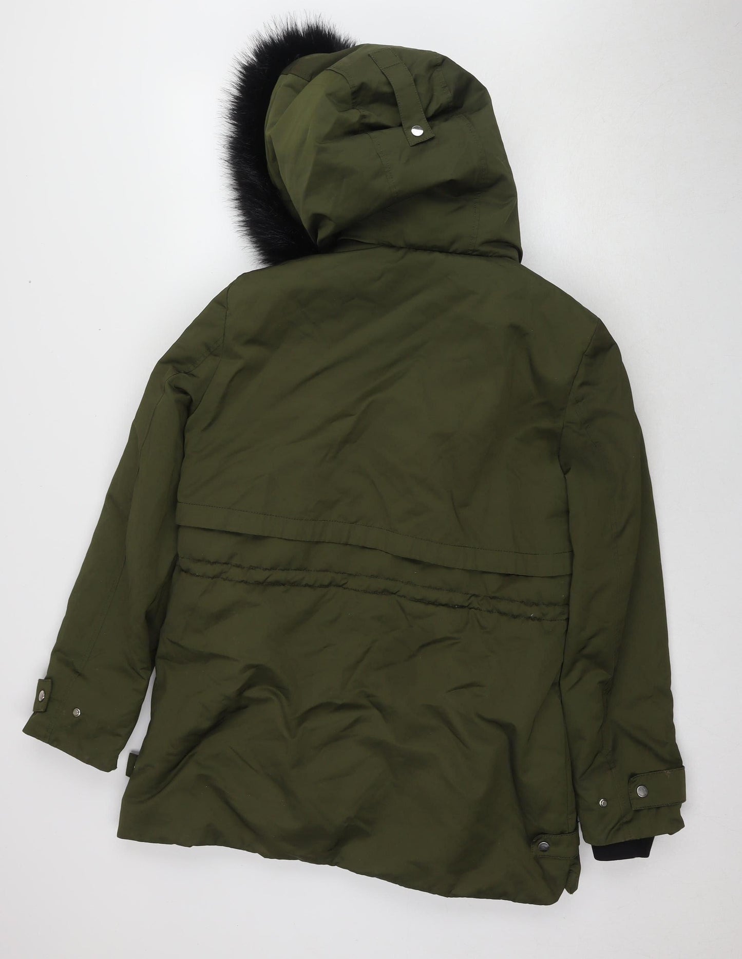 Zara Women's Green Parka Jacket, Size 12, Fur Trim
