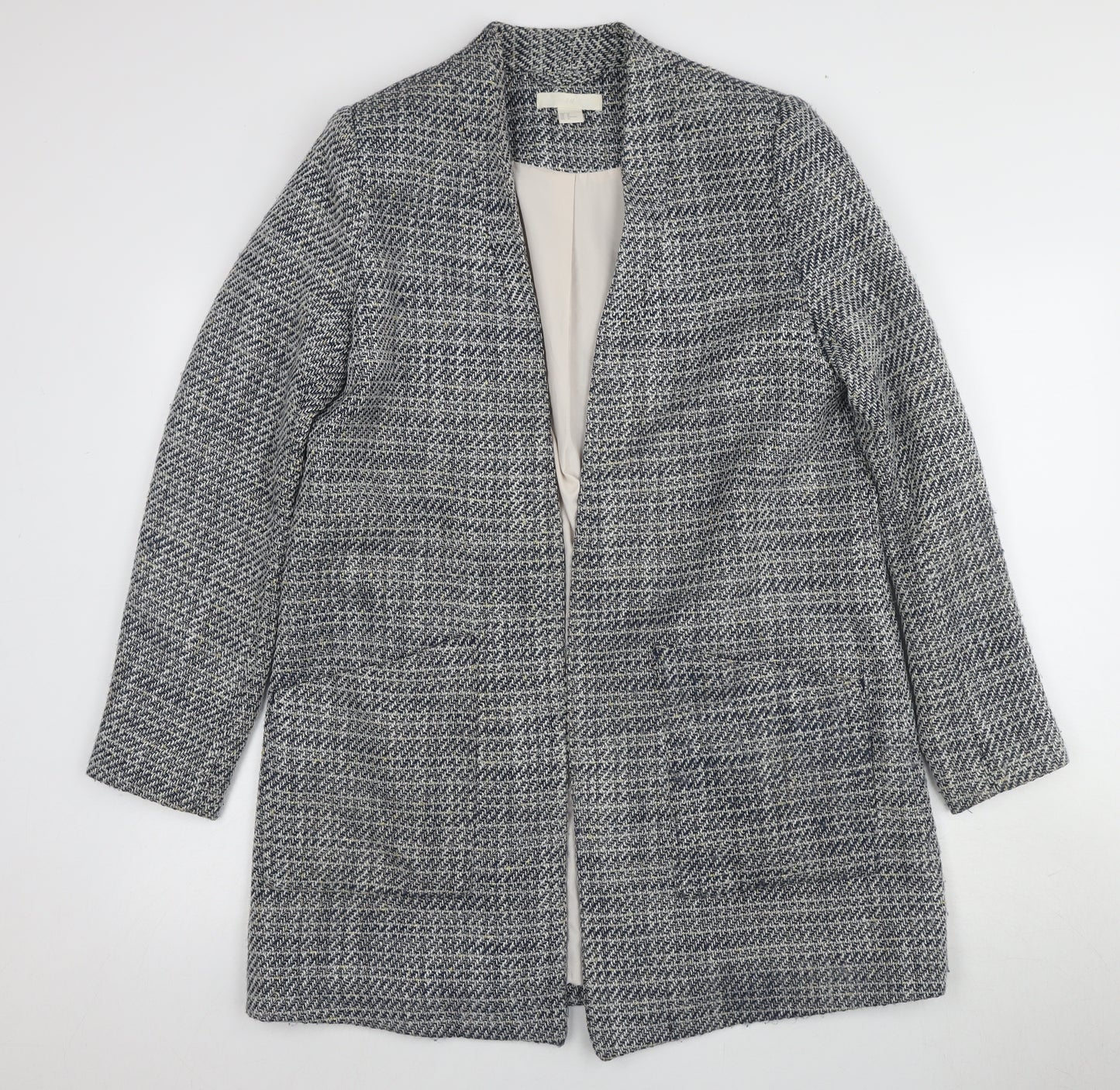 H&M Women's Grey Check Tweed Coat, Size 14, Classic Style