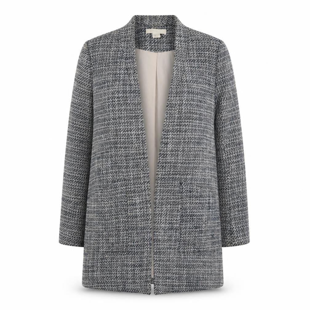 Front view of H&M Women's Grey Check Tweed Coat, size 14, Classic Style