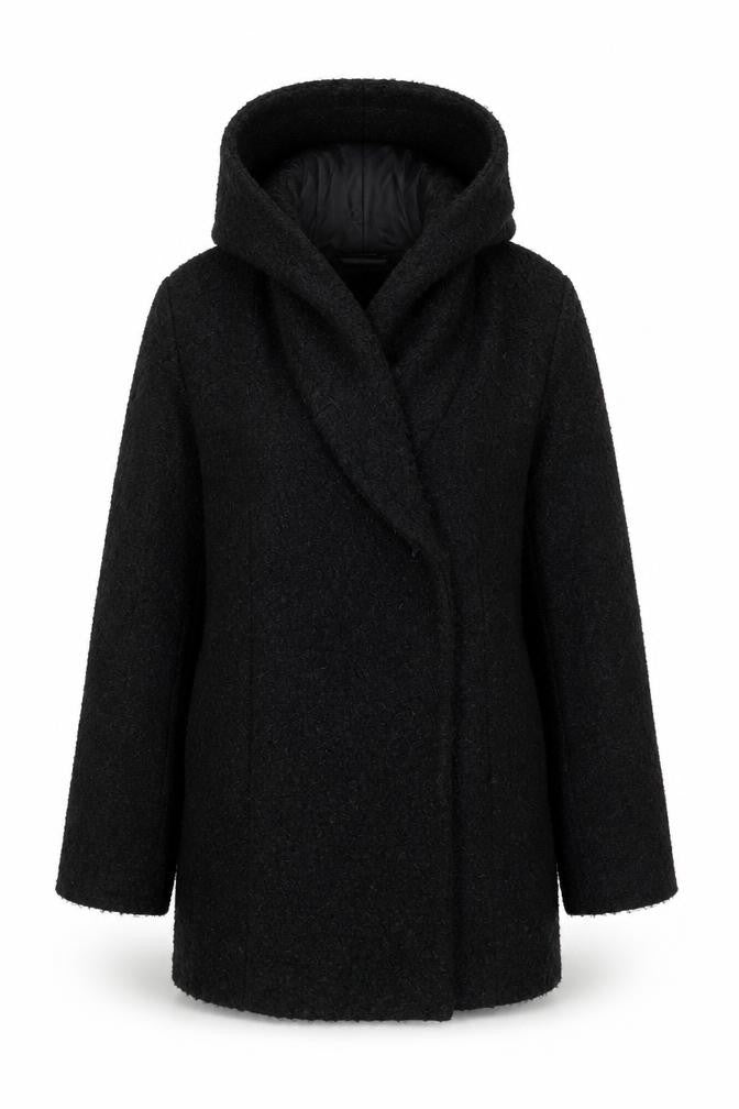 Front view of BODYFLIRT Women's Black Hooded Mid-Length Jacket