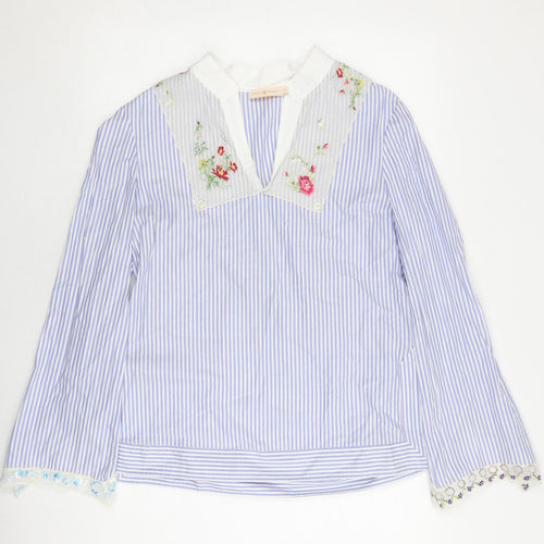 Tory Burch Women's Blue Embroidered Striped Blouse Size 10