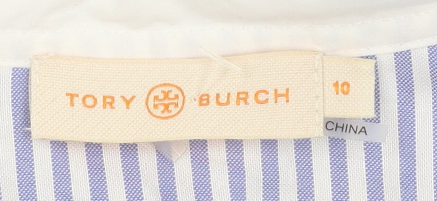 Tory Burch Women's Blue Embroidered Striped Blouse Size 10