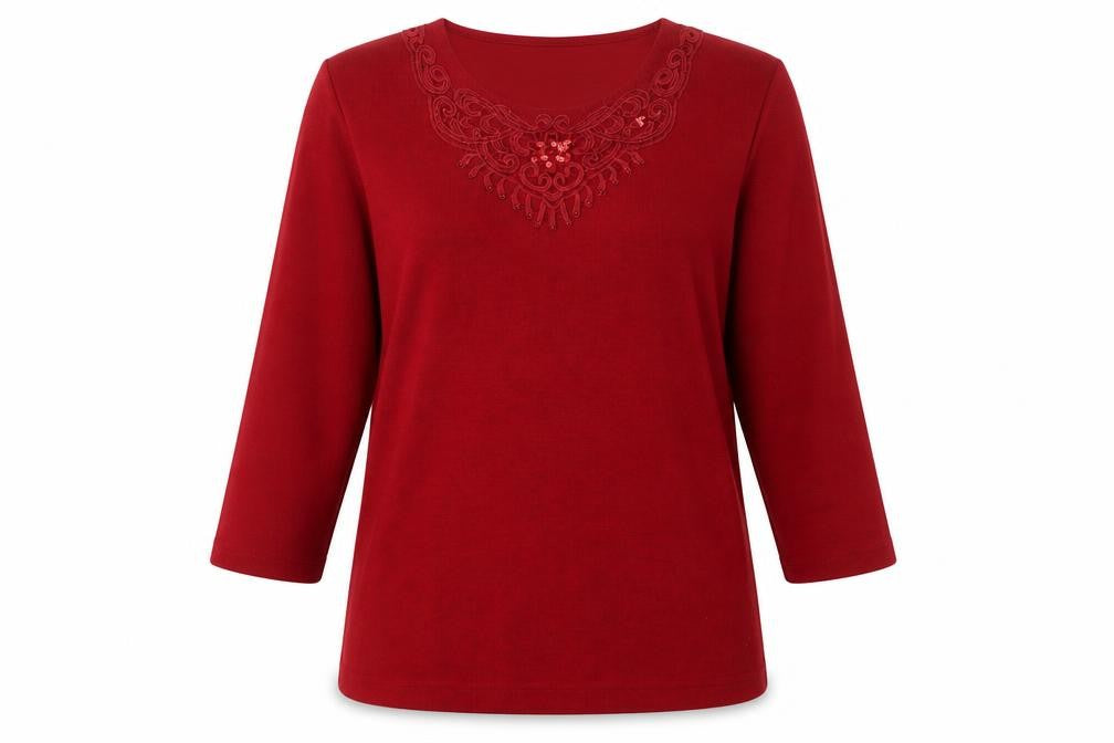 Front view of Isle Women's Red Embroidered Long Sleeve T-Shirt, M