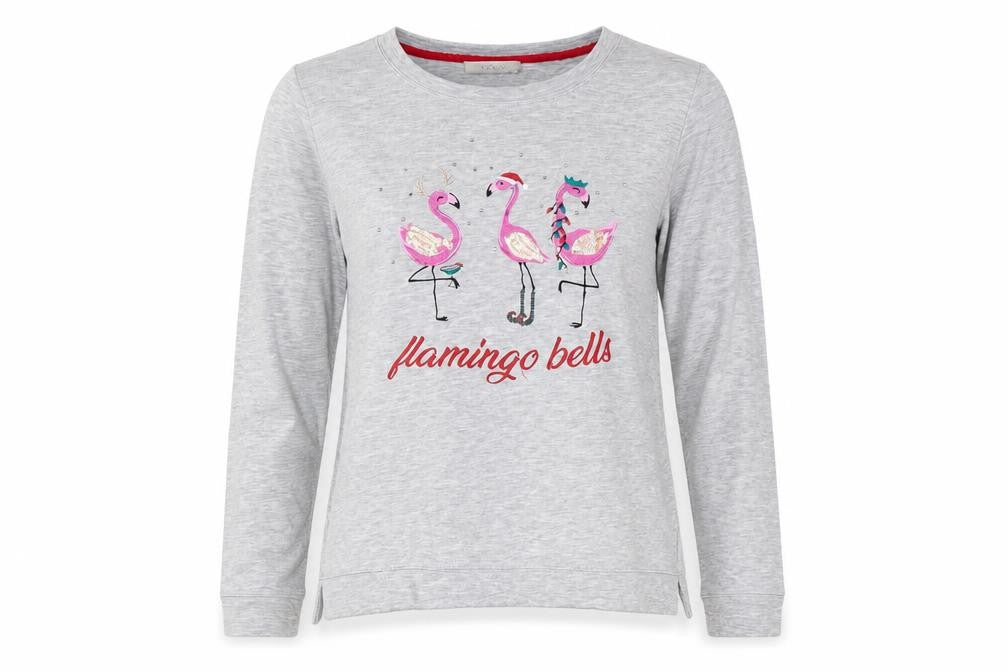 Front view of Oasis Grey Flamingo Sweatshirt Women S Pullover Casual