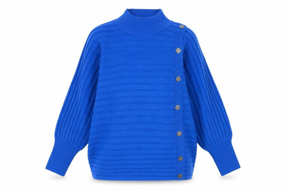 Front view of Monsoon Women's Blue High Neck jumper –, size L