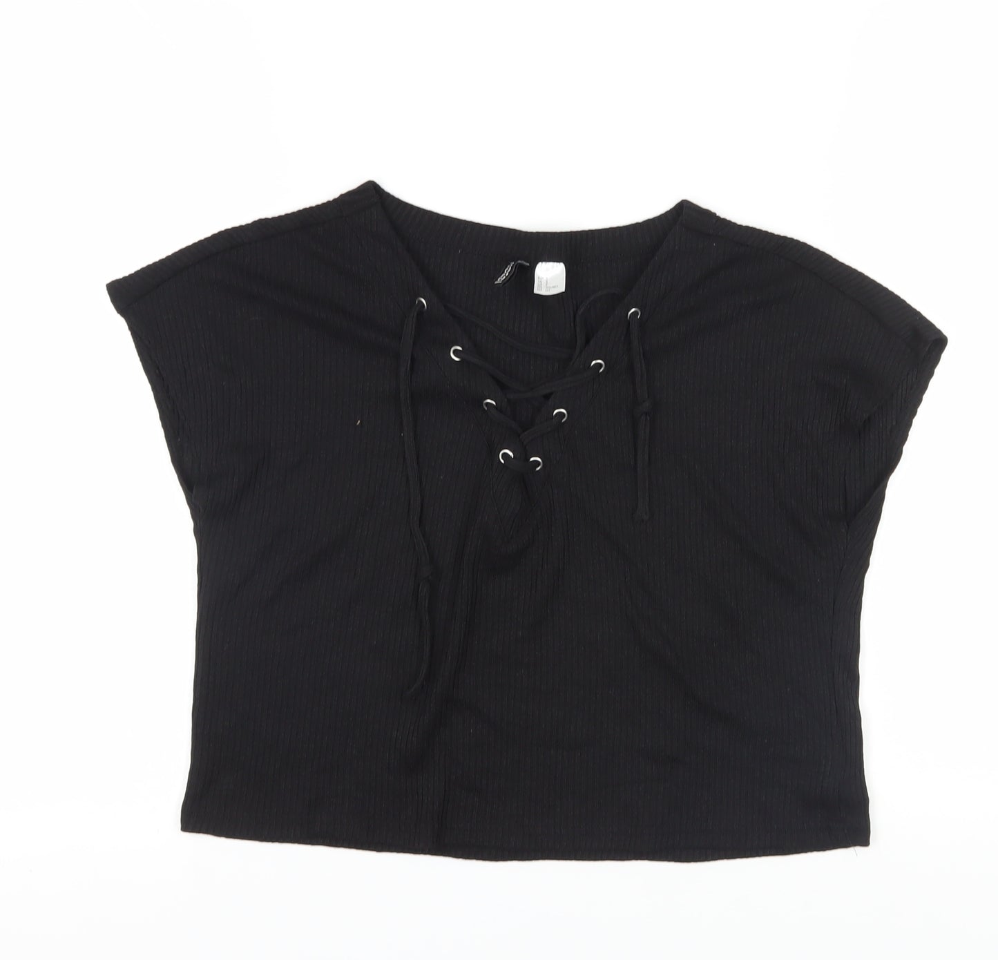 H&M Women's Black Cropped Lace-Up T-Shirt, Size 8