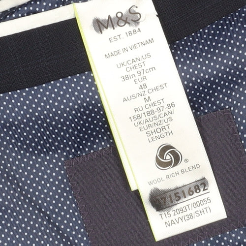 Marks and Spencer Men's Blue Check Blazer, Size 38S