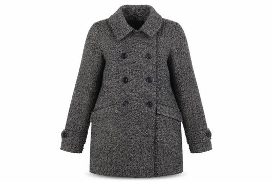 Front view of Warehouse Women's Grey Herringbone Pea Coat, size 8