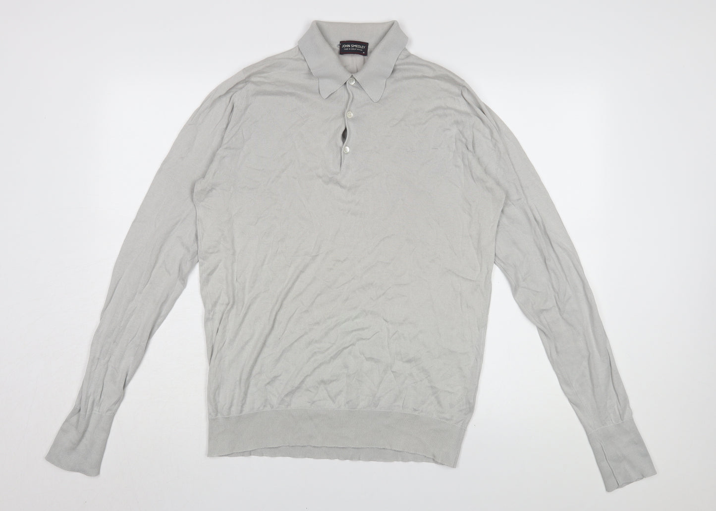 John Smedley Men's Grey Cotton Long Sleeve Polo