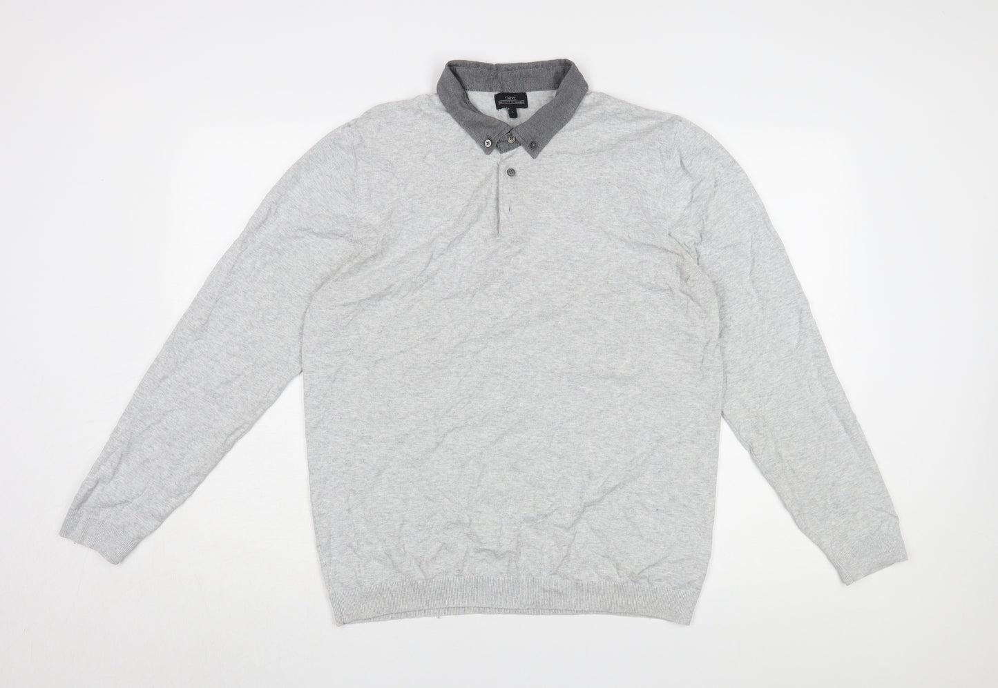Next Men's Grey Long Sleeve Polo Shirt, Size L