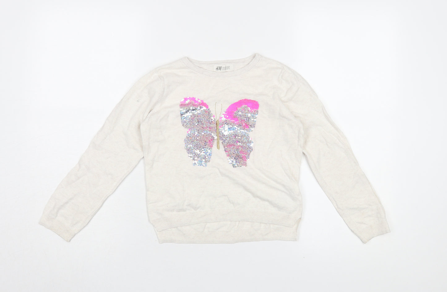H&M Girls Ivory Pullover Jumper with Sequin Butterfly, 7 Years