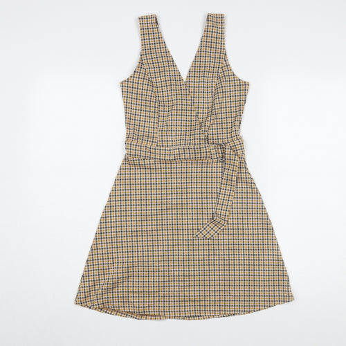 Miss Selfridge Women Beige Check V-Neck Mini Pinafore Dress UK6