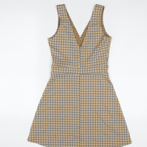 Miss Selfridge Women Beige Check V-Neck Mini Pinafore Dress UK6