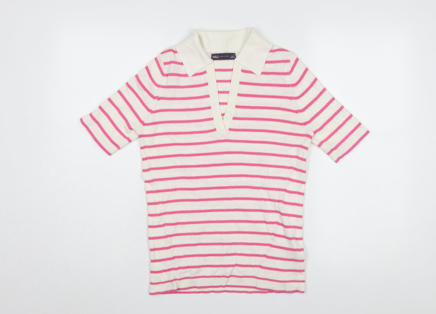 Marks and Spencer Women's Pink Striped Knit Polo M