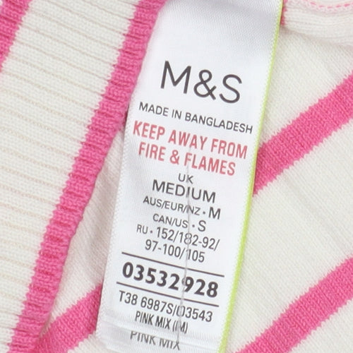Marks and Spencer Women's Pink Striped Knit Polo M