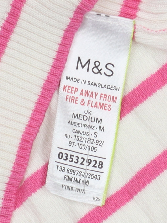 Marks and Spencer Women's Pink Striped Knit Polo M