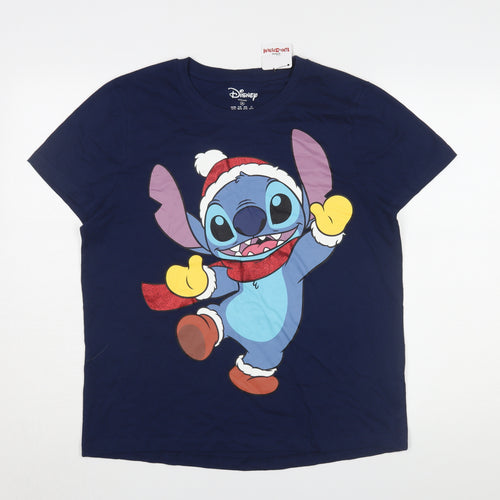 Disney Women's Blue Cotton Christmas T-Shirt Stitch M