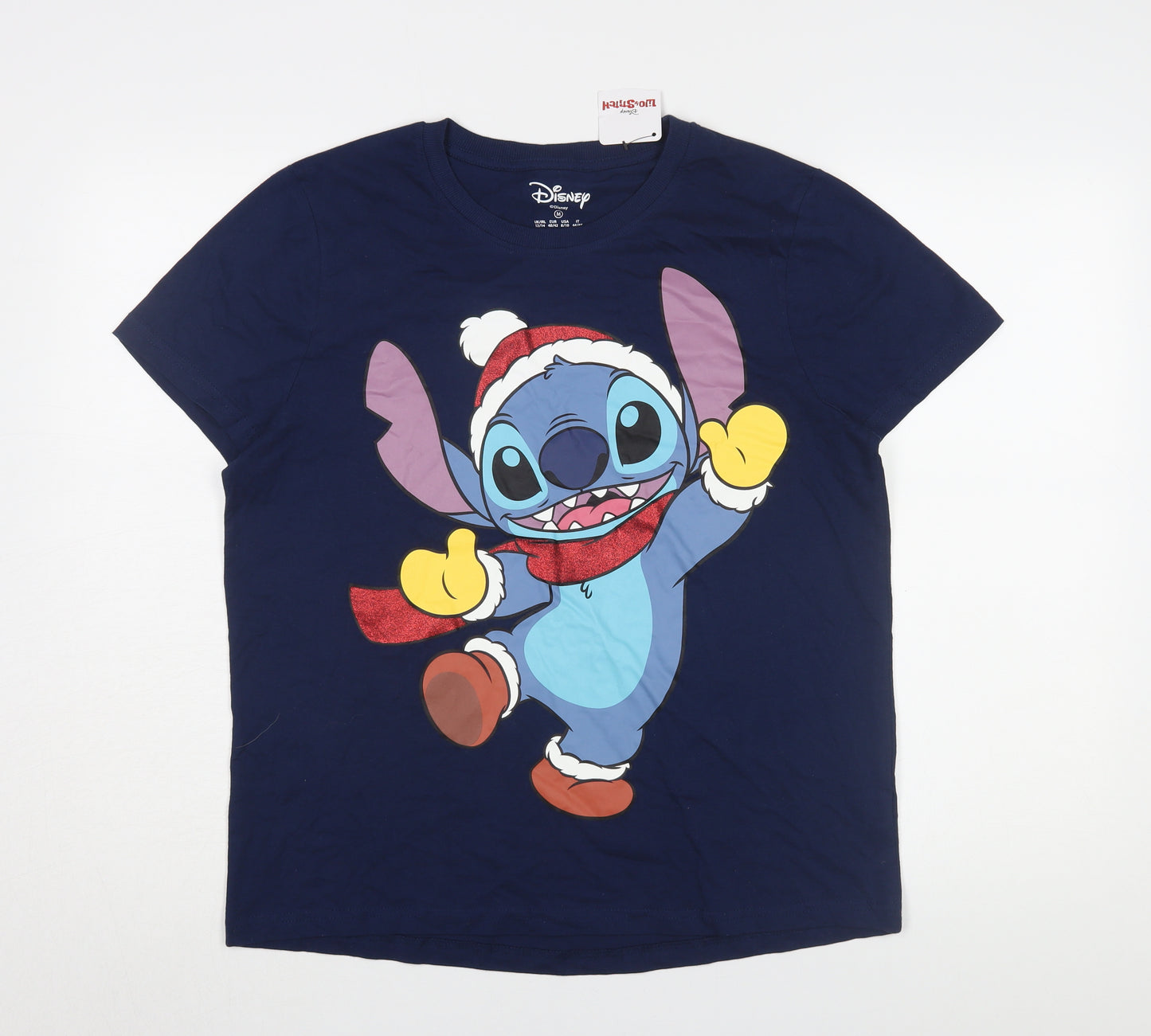 Disney Women's Blue Cotton Christmas T-Shirt Stitch M