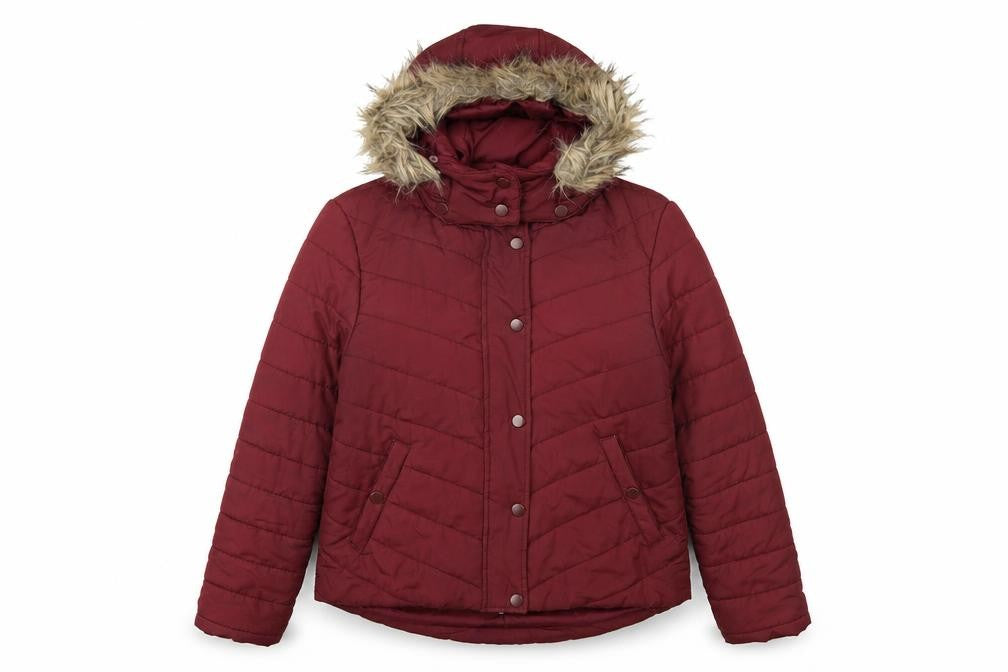 Front view of Avenue Women's Red Hooded Puffer Jacket, size 14