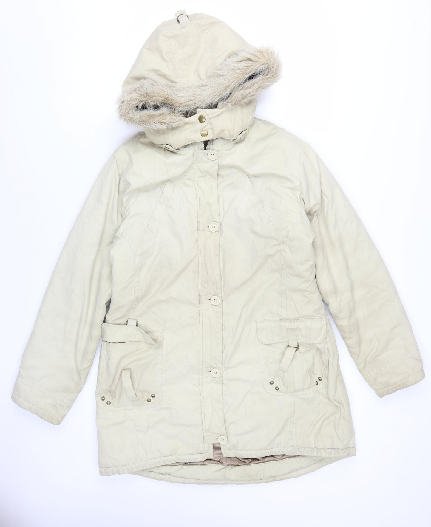 Next Women's Beige Parka Coat Size 14 with Fur Trim
