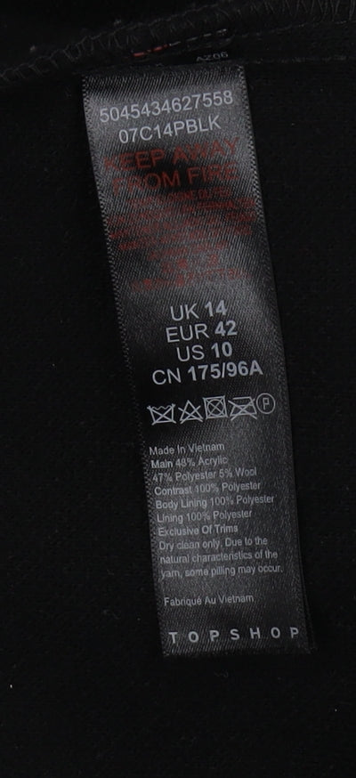 Topshop Women's Black Formal Overcoat Size 14