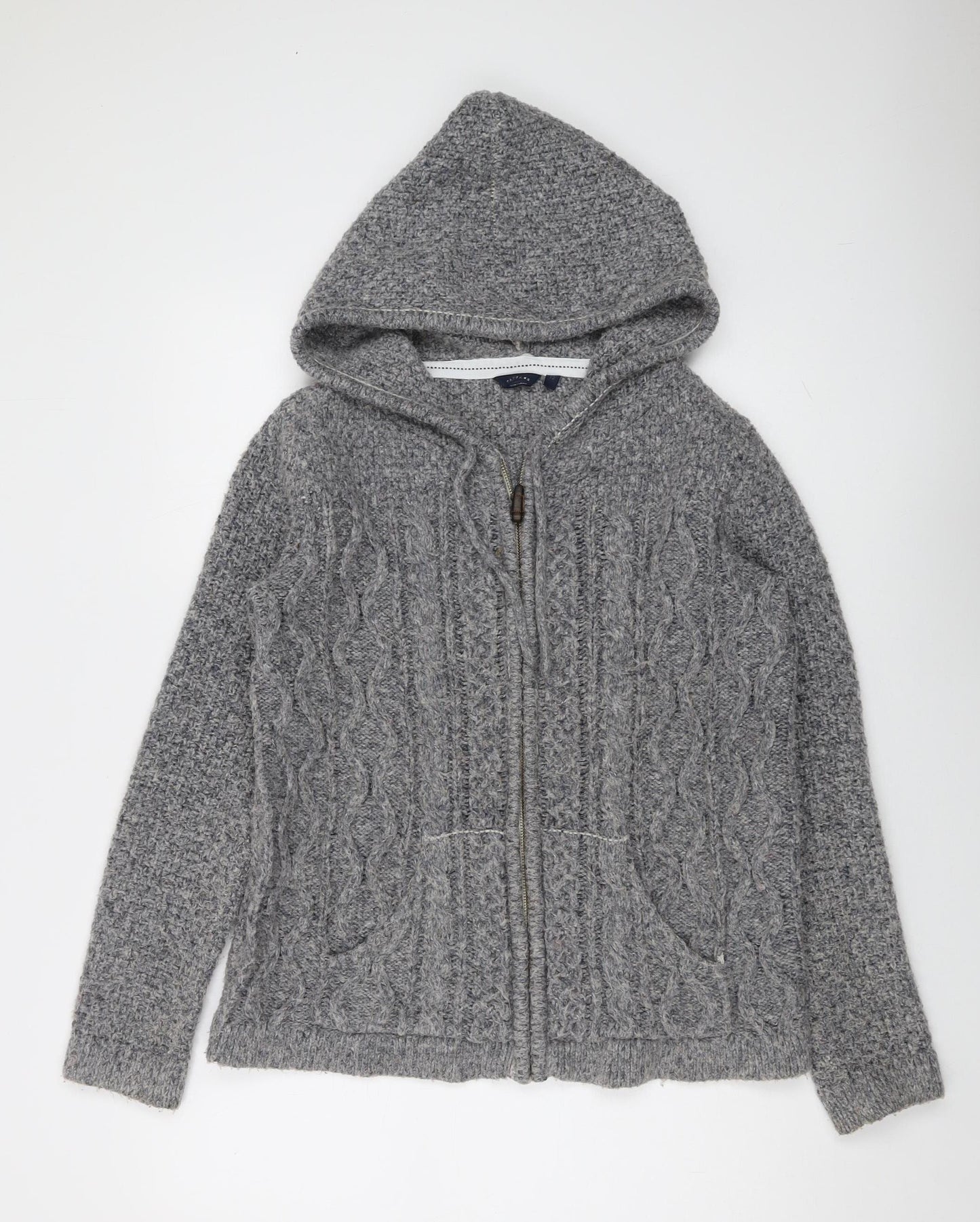 FatFace Women's Grey Cable-Knit Hooded Cardigan Size 12
