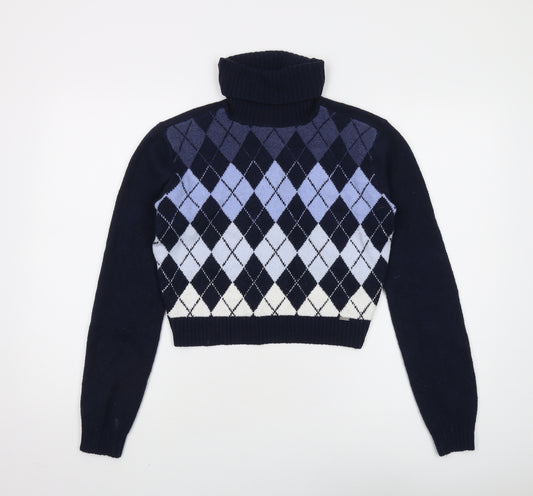 Hollister Women's Blue XS Roll Neck Argyle Jumper