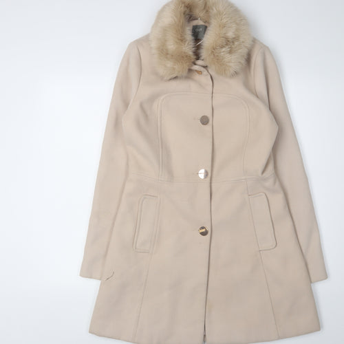 Oasis Women's Beige Overcoat with Fur Trim S