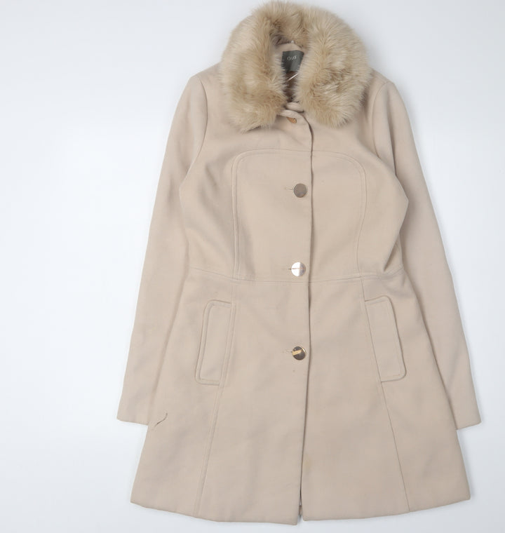 Oasis Women's Beige Overcoat with Fur Trim S
