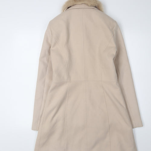 Oasis Women's Beige Overcoat with Fur Trim S