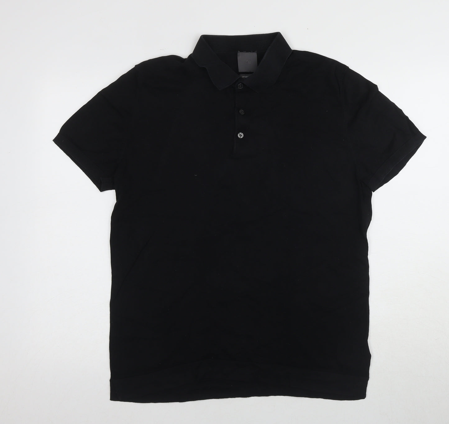 H&M Men's Black Polo Shirt, Size L, Cotton Silk Blend
