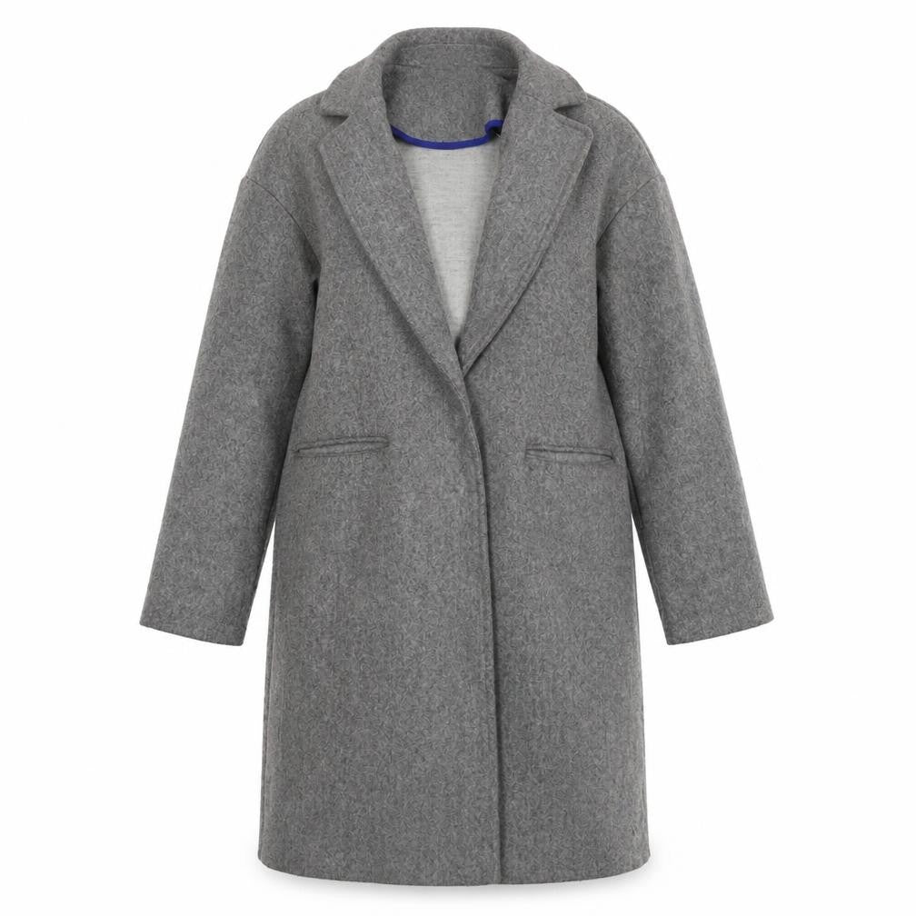 Front view of Topshop Women's Grey Long Overcoat, size 4, Button